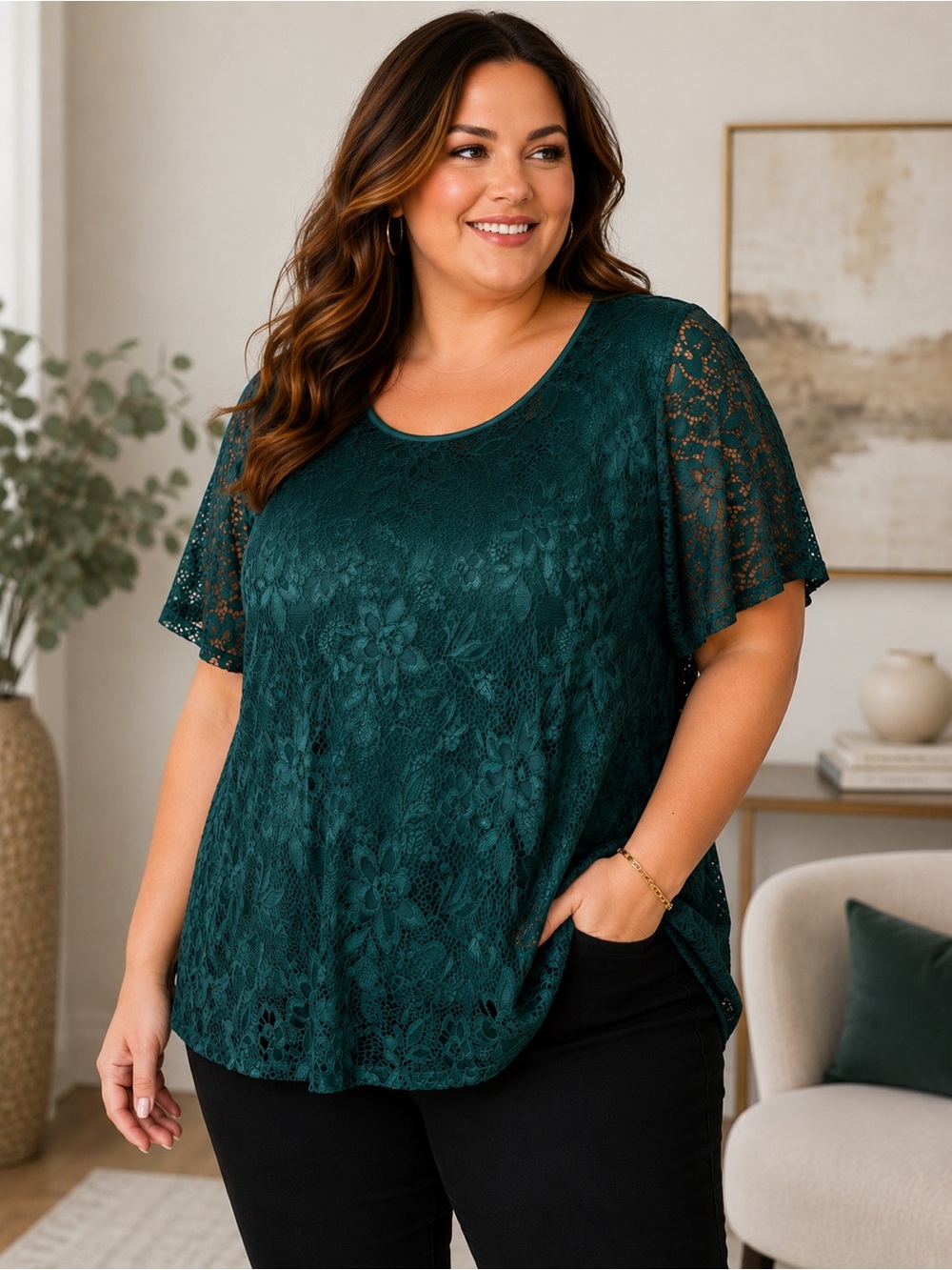 Calvin Klein NWT Plus Size 3X Emerald Green Floral Lace Blouse Dressy Top